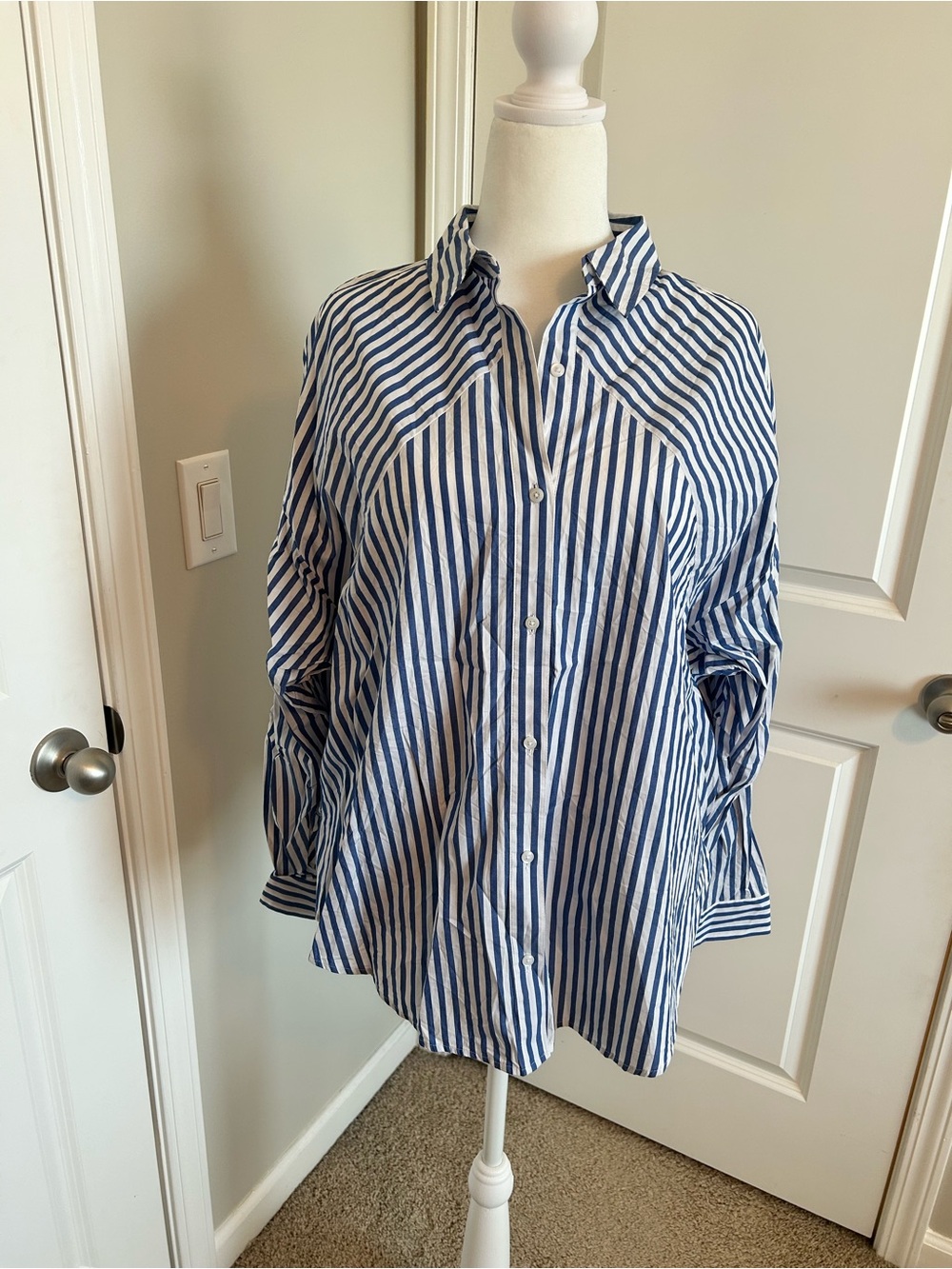 Express Boyfriend Portfolio Blue and White Vertical Stripe Button-Down Shirt